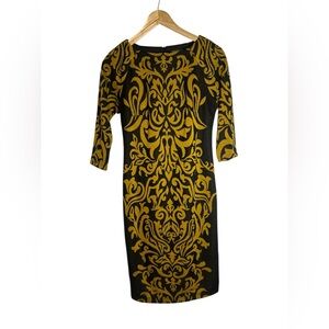 Rabbit Rabbit Rabbit design Black and Gold Lined Dress. zipper back. 3/4 sleeve